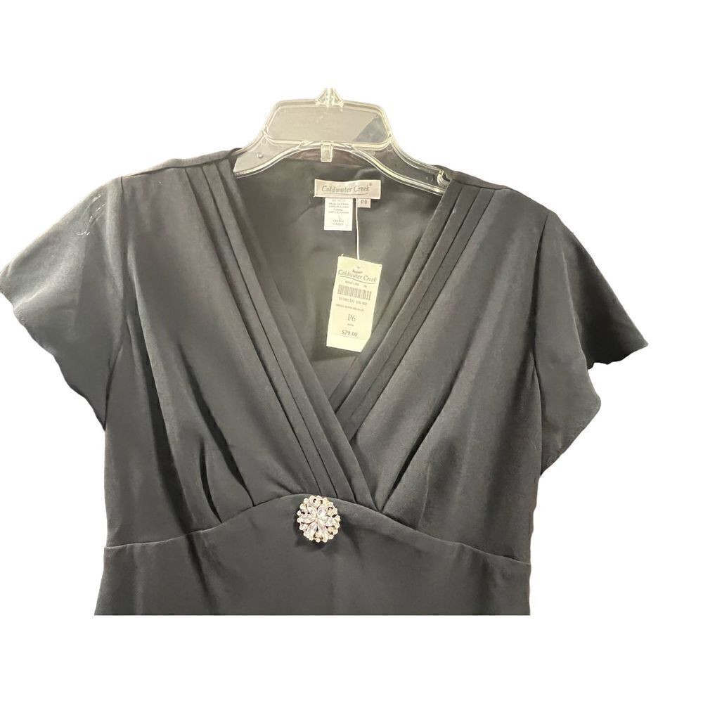 NWT Coldwater Creek LBD Chiffon Black Dress Rhinestone Diamond Brooch 6 Petite - Picture 10 of 14